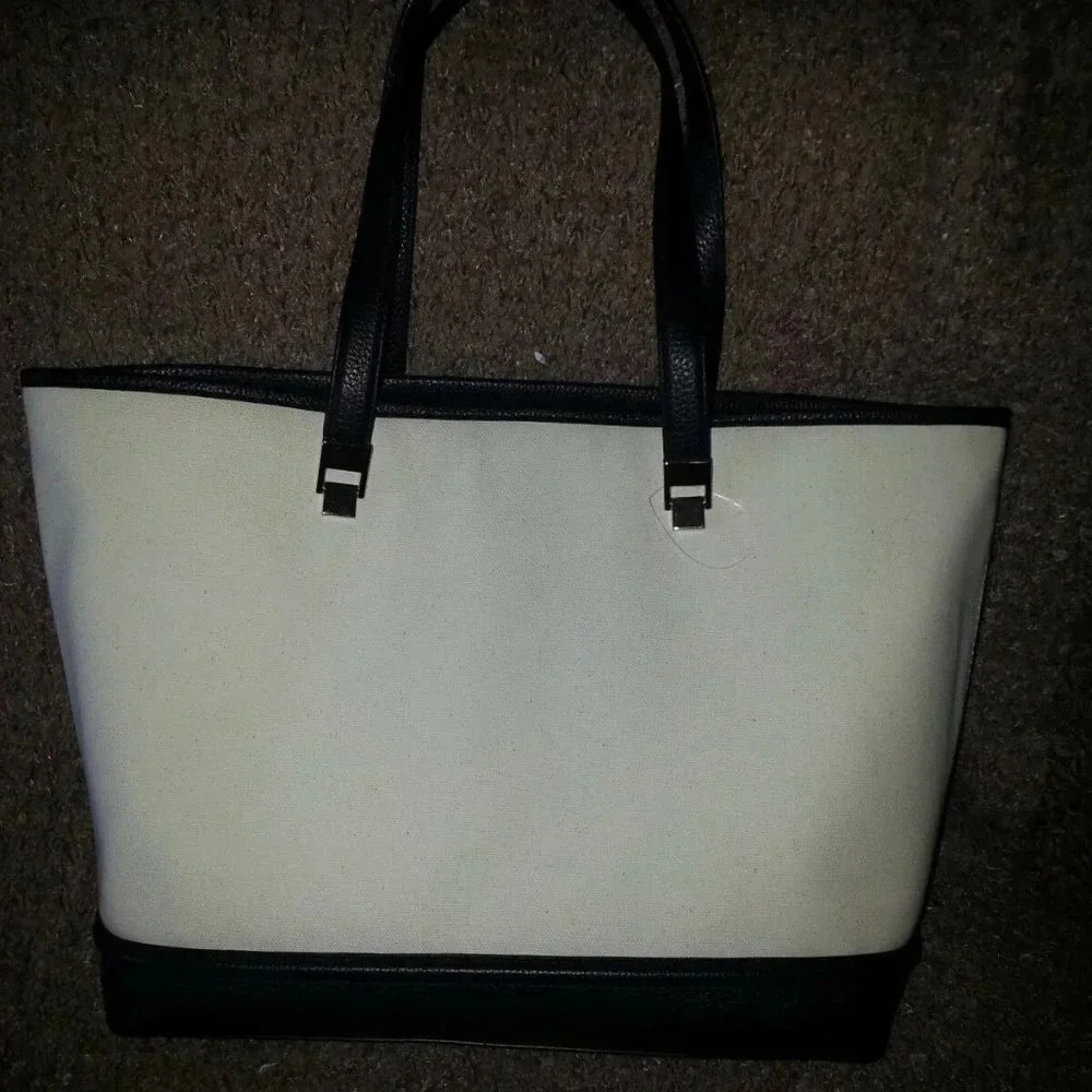 KATE SPADE-Oliver Street-Taren-Canvas Shoulder Bag-TOTE-Natural & Dark Navy-NWOT - Picture 3 of 6